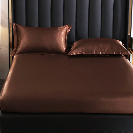 Drap housse en satin marron - Taie d’oreiller 48x74cmx2